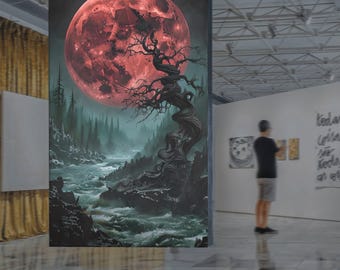 May include: A large rectangular canvas print depicting a surreal landscape. A vibrant red moon dominates the sky above a dark forest and a rushing river. A gnarled tree is in the foreground. The artwork is displayed in a gallery setting.