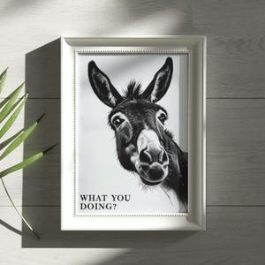 Funny Donkey Bathroom Wall Art – ‘What You Doing?’ Animal Humor Print – Quirky Bathroom Decor