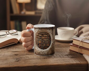 May include: A white ceramic mug featuring a library interior design, held by a person. The mug sits on a wooden table with a book, spectacles, and a cup of coffee. Steam rises from the coffee, creating a cosy atmosphere.