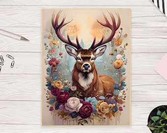 Floral Deer Print, Majestic Stag Illustration, Rustic Woodland Art (Digital Download)