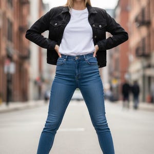 Puede incluir: Una gorra de b&eacute;isbol negra con el logo "7" blanco, una chaqueta vaquera negra, una camiseta blanca y vaqueros azules. La persona tambi&eacute;n lleva zapatillas blancas. El fondo es una calle de la ciudad.