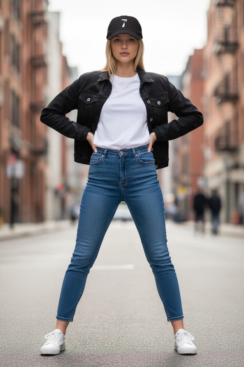 Puede incluir: Una gorra de b&eacute;isbol negra con el logo "7" blanco, una chaqueta vaquera negra, una camiseta blanca y vaqueros azules. La persona tambi&eacute;n lleva zapatillas blancas. El fondo es una calle de la ciudad.