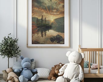Set di stampe vintage con tramonto sul lago, paesaggio montano rustico (stampe digitali)