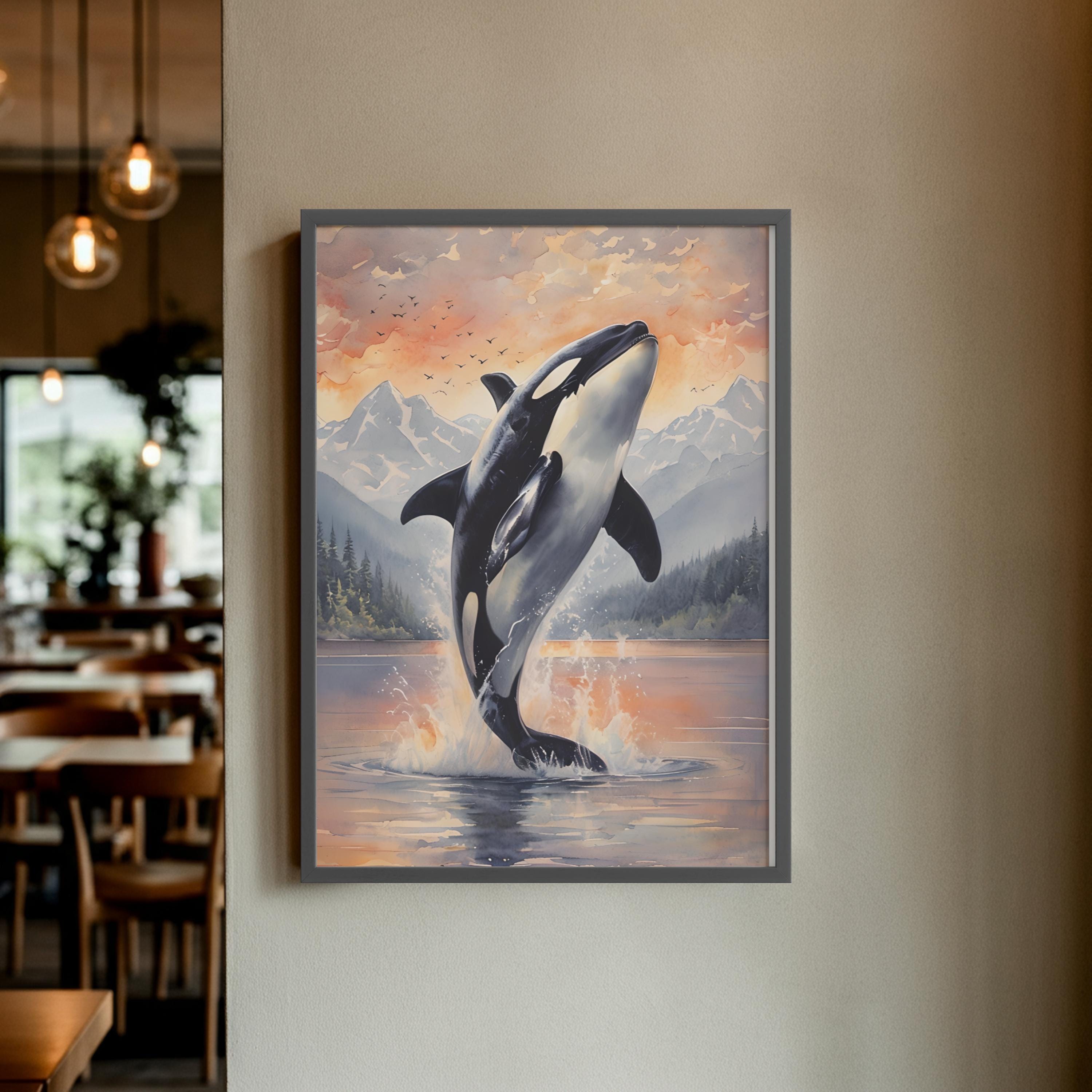 Orca Whale Wall Art Print, Watercolor Sunset Ocean Scene, Jumping ...