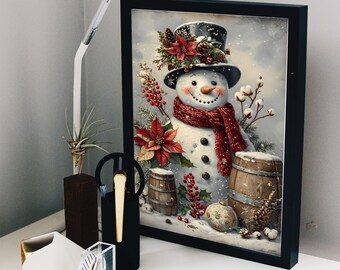 Vintage Schneemann Weihnachtsmotiv - Rustikale Farmhaus Urlaub Wandkunst (Digitaler Download)