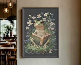 Vintage Frog Reading Book Print Set, Whimsical Animal Wall Art (Digital Download)