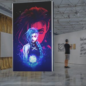 May include: A large vertical art print depicting a character with blue hair and a braid, set against a cosmic background. The artwork uses a dark colour palette with red and blue hues, and is displayed in a gallery setting.