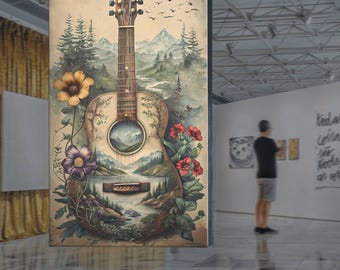 Láminas artísticas de naturaleza con guitarra: paisaje de montaña, obra acústica floral (descarga digital)