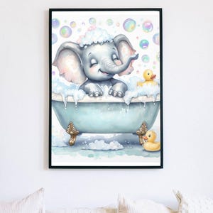 Nursery Animal Clipart, Bathtub Elephant with Rubber Ducks, Baby Shower Digital Download, Kids Wall Art, Cute Baby Elephant Bath Time PNG.