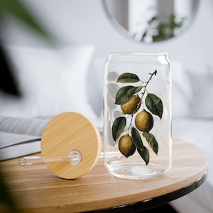 Lemon Glass Tumbler with Lid and Straw , Iced Coffee Cup, Citrus Summer Drinkware, Aesthetic Reusable Cup, Fruit Water Bottle Gift for Her