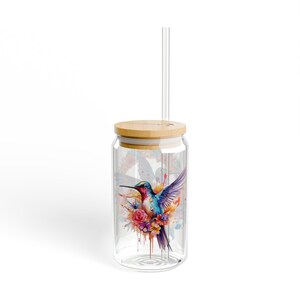 Floral Hummingbird Sipper Glass - 16oz Eco-Friendly Drinkware, Flower Design Tumbler Cup, Bird Lover Gift, Garden Theme Glassware, Botanical