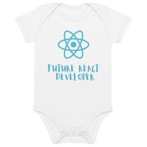 Peut inclure: Combinaison bébé blanche avec un logo React bleu et le texte "FUTURE REACT DEVELOPER".