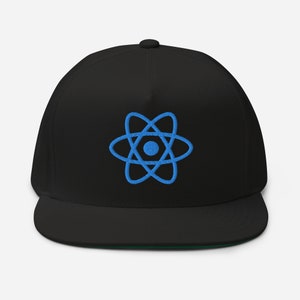 May include: Black and blue embroidered baseball cap with the React logo.