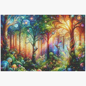 Stained Glass Magical Forest Vibrant Colors - Jigsaw Puzzle 1000 Pieces