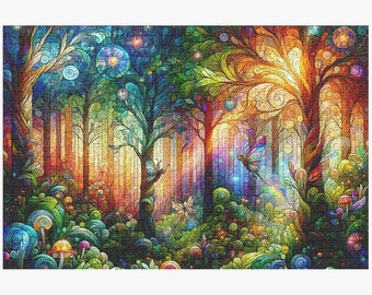 Stained Glass Magical Forest Vibrant Colors - Jigsaw Puzzle 1000 Pieces