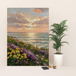 Wildflowers Field and Coastal Sunset Framed Wall Art – Breathtaking Floral Canvas Decor for a Serene Home