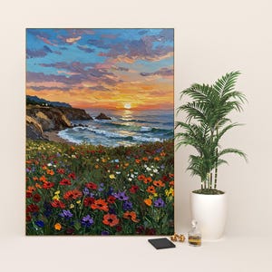 Wildflowers Field Coastal Sunset Framed Wall Art, Floral Decor, Coastal Framed Canvas Art, Botanical Canvas Decor, Wooden Framed Home Decor