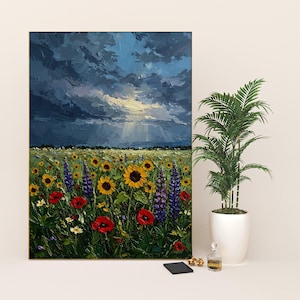 Wildflowers Field Under Magical Sky Framed Wall Art, Floral Decor, Wildflowers Canvas, Botanical Canvas Decor, Wooden Framed Home Decor