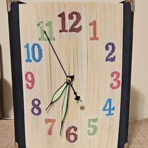 Op de afbeelding: Een boekklok met kleurrijke cijfers op de wijzerplaat. De klok is gemaakt van een boek dat is gevouwen en gevormd tot een cirkel. De wijzers van de klok zijn zwart en de cijfers zijn in verschillende kleuren. De klok is een unieke en creatieve manier om de tijd te vertellen.