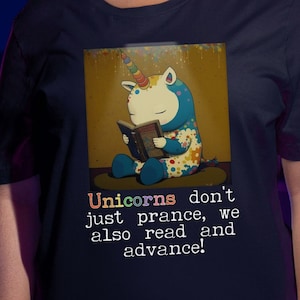 Unicorn studies with Takashi Murakami, Book Worm Artist T, Fabled Art T-shirts, Reading Myth Tops, Arty Beast T-shirts, Famous Art Critters