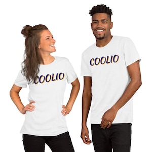 May include: Two people wearing white t-shirts with the word "COOLIO" printed in blue and yellow letters.