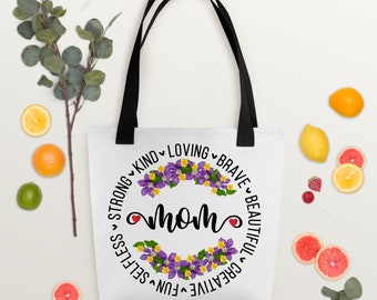 MOM Strong Kind Loving Brave Beautiful Creative Fun Selfless - Tote Bag - holds up to 44 lbs
