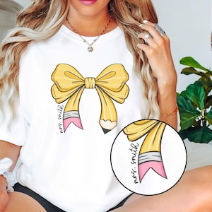 Teacher Bow Tshirt Personalized Teacher Pencil Bow Shirt for Teacher Name Shirt Teacher Bow Sweatshirt Pencil Teacher TShirt
