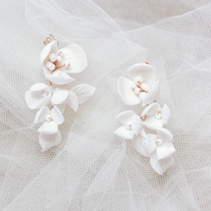 OPHELIA Flower Earrings | Polymer Clay Earrings, White Porcelain Flower Bridal Earrings, Wedding Earrings for Brides, Bridesmaid Earrings