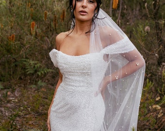 HOPE | Pearl Wedding Veil, Chapel & Cathedral Lengths Drop Veil, Steam Veil, Statement Veil, Long Veil, Pearl Cluster Veil