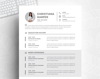 May include: A black and white CV template featuring a photograph of a woman in the top left corner. The CV includes the name Christiana Harper, the job title Web Designer, and contact details. The CV also includes sections for education history and work experience.