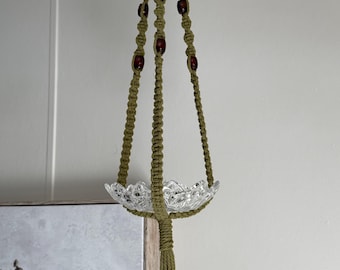 Large deluxe olive green plant hanger featuring a glass tray. Perfect for bird seed!