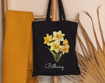 Personalized Birth Flower Canvas Tote Bag, March Birth Month Flower Daffodil, Birthday Gift for Her, Bridesmaid Gift, Christmas Gift