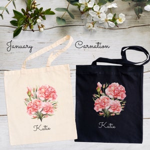 Personalized Birth Flower Canvas Tote Bag, October Birth Month Flower ...
