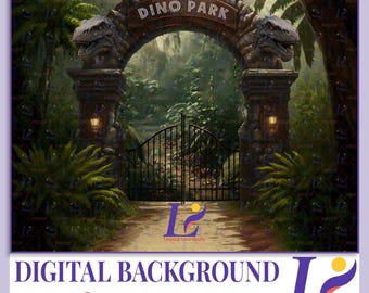 Dino Park Gate Digital Background for Photographers – Fantasy Dinosaur Backdrop PNG Composite