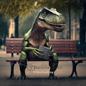 T-Rex Reading, Digital Background, Fantasy, Composite, Dinosaur Backdrop, Photography