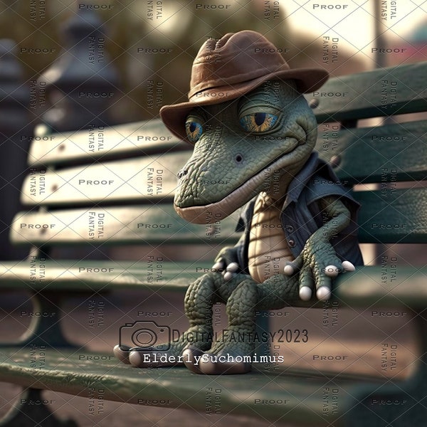 Elderly Suchomimus Dino on Bench, Digital Background, Fantasy, Composite, Dinosaur Backdrop, Photography