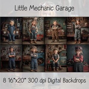 May include: Digital backdrops featuring children dressed as mechanics in a vintage garage setting. The image includes the text "Little Mechanic Garage" and "8 16"x20" 300 dpi Digital Backdrops". The children are wearing overalls and goggles.