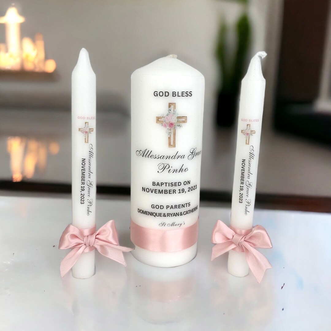 Personalized Baptism Candle Set Godparents Gift Custom Candle Communion