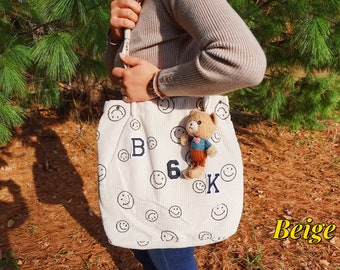 Personalized Corduroy Smiley Face Tote Bag and Custom Pet Treat bag, bridesmaid tote, Corduroy Purse.