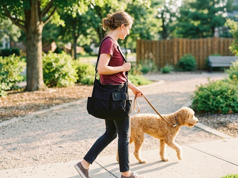 May include: A black messenger bag with multiple pockets is carried over the shoulder. A person walks a golden doodle dog on a leash along a sidewalk. The scene is outdoors with trees and a park bench in the background.