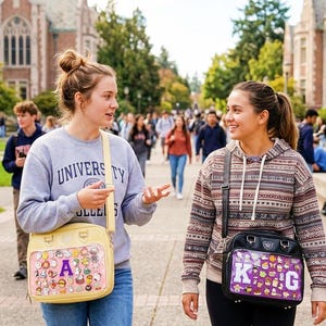 May include: Two young people walking on a college campus pathway, each carrying a shoulder bag. One bag is yellow with a clear front displaying cartoon characters and the letter "A". The other bag is black with a purple front and the letter "K".