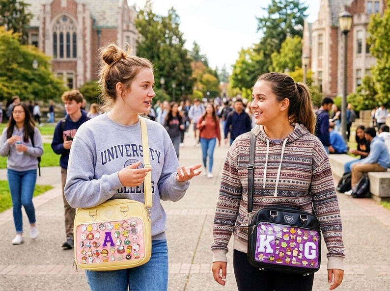 May include: Two young people walking on a college campus pathway, each carrying a shoulder bag. One bag is yellow with a clear front displaying cartoon characters and the letter "A". The other bag is black with a purple front and the letter "K".