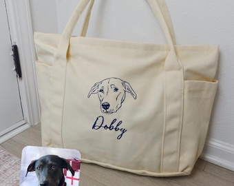 Bolso de mano bordado con retrato de mascota: Bolsos de lona personalizados para perros o gatos, bolso de lona grande, bolso con el nombre y la cara de la mascota, bolso de viaje tipo bandolera.