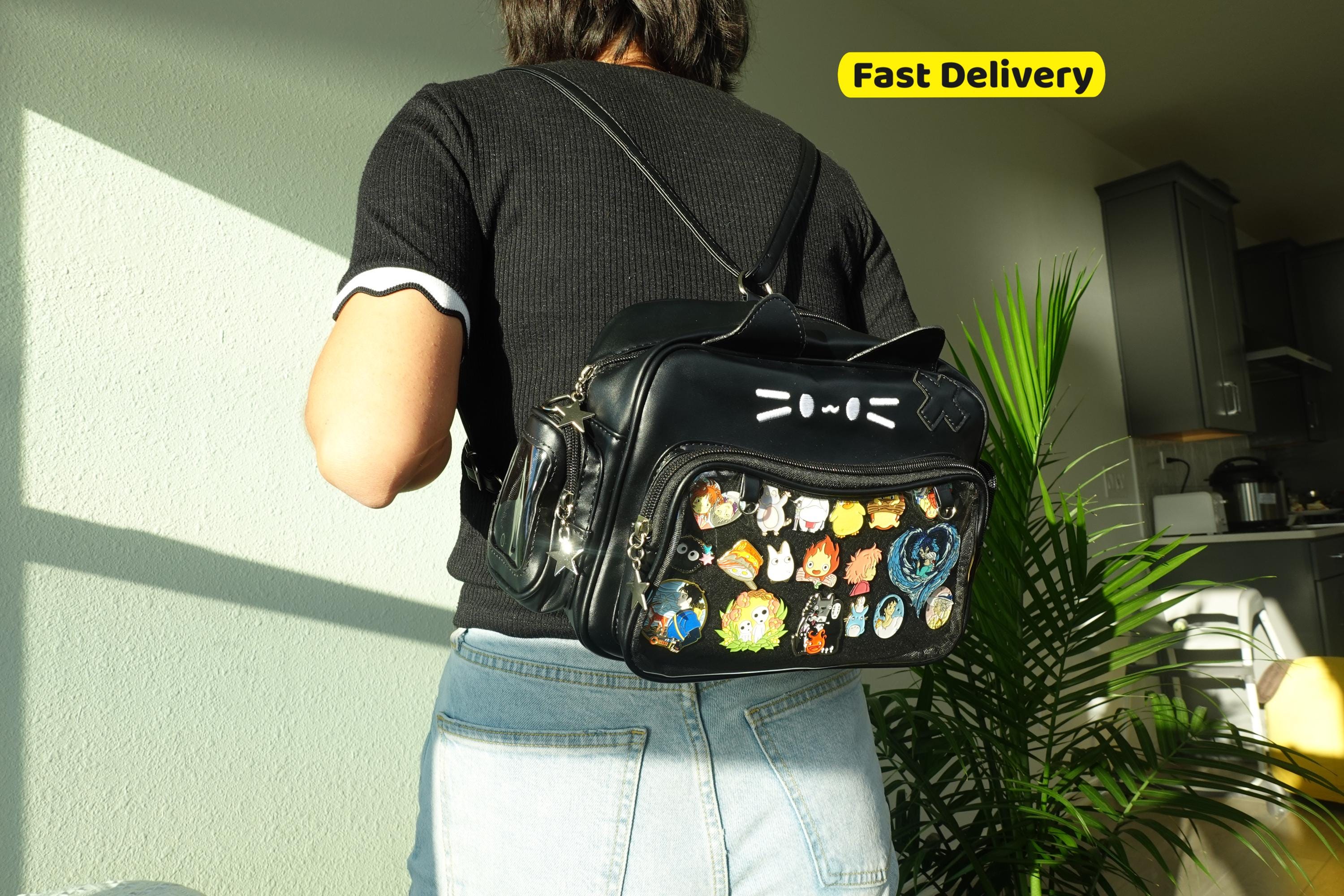 Kawaii Black PU Leather Ita Bag Backpack with Cartoon Design, Water Resistant, 1 Cat Kawaii Backpack Ita Bag PU Leather Big Capacity Tricolor  main image 2
