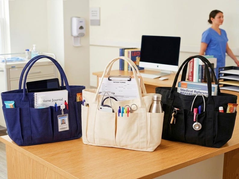 Puede incluir: Tres bolsos de mano en azul marino, crema y negro sobre una mesa de madera. Cada bolso tiene m&uacute;ltiples bolsillos y est&aacute; lleno de suministros m&eacute;dicos, cuadernos y bol&iacute;grafos. Una mujer con uniforme azul est&aacute; al fondo.