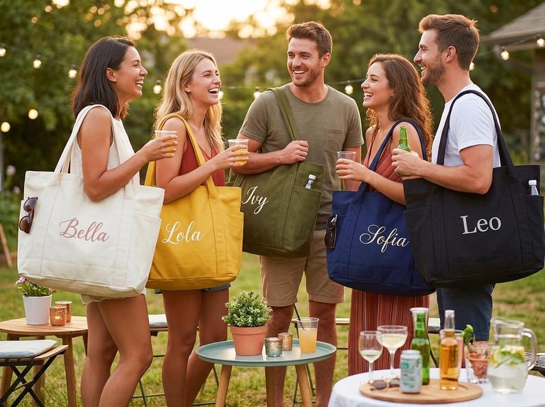 Puede incluir: Un grupo de personas sostienen bolsas de mano personalizadas en varios colores, incluyendo crema, amarillo, verde oliva, azul marino y negro. Cada bolsa tiene un nombre bordado: Bella, Lola, Ivy, Sofia y Leo. La escena es al aire libre.