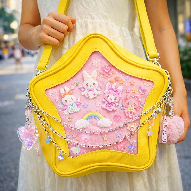 May include: A yellow star-shaped handbag with a clear front panel displaying cartoon bunnies, a rainbow, and stars on a pink background. The bag has a chain strap and decorative charms.
