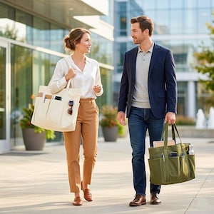 Puede incluir: Dos personas caminando al aire libre, cada una llevando un bolso tote. Uno es blanco roto con m&uacute;ltiples bolsillos, el otro es verde oliva. La mujer lleva una blusa blanca y pantalones color canela. El hombre lleva una blazer azul marino y vaqueros.