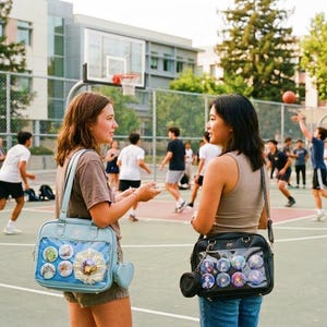 May include: Two women stand on a basketball court, each carrying a bag with a clear front displaying colorful pins. One bag is light blue with a heart-shaped pocket, the other is black with a small matching pouch. People play basketball in the background.