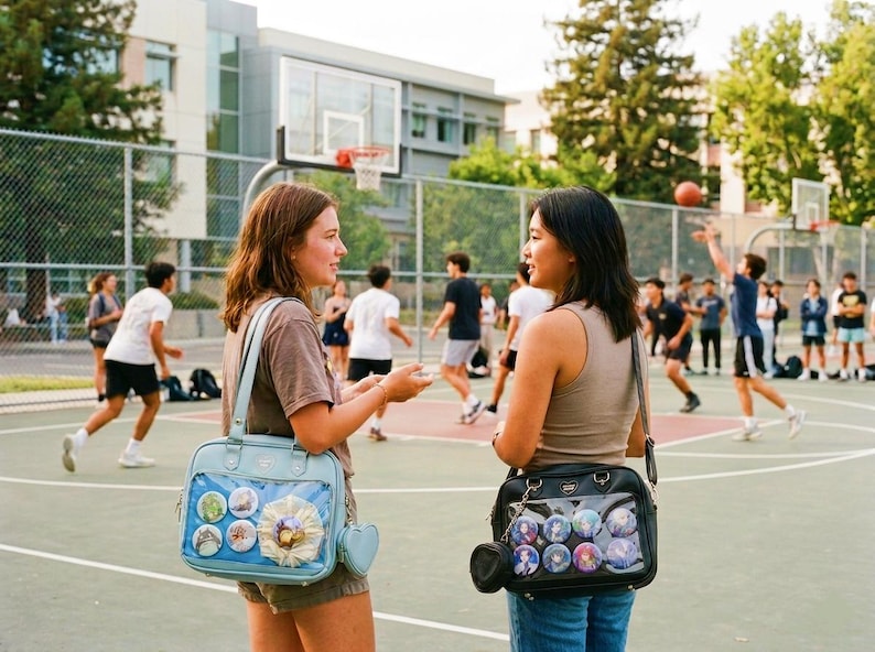 May include: Two women stand on a basketball court, each carrying a bag with a clear front displaying colorful pins. One bag is light blue with a heart-shaped pocket, the other is black with a small matching pouch. People play basketball in the background.